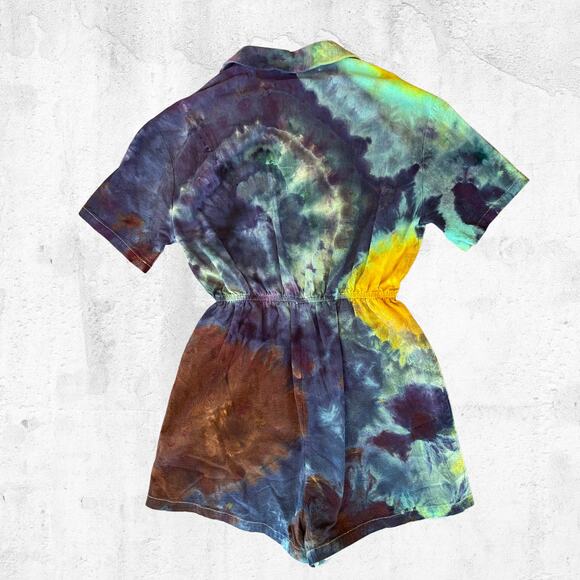 Ice Dyed Romper - Tie Dyed Upcycled - Pockets Soft Summer Spring (Women's Small) - Picture 7 of 14